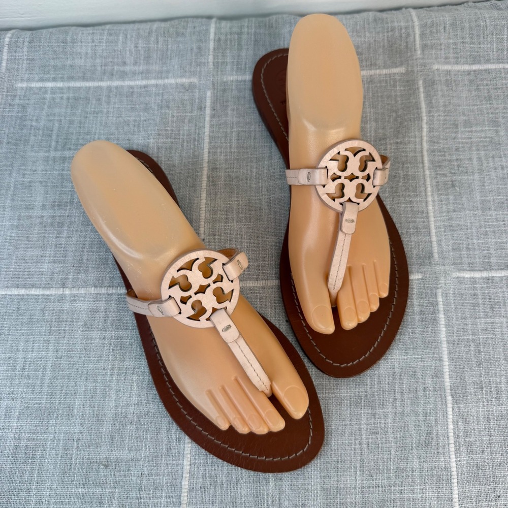 Tory Burch Miller Leather Logo Thong Sandals 9.5 Light Pink Flip Flops